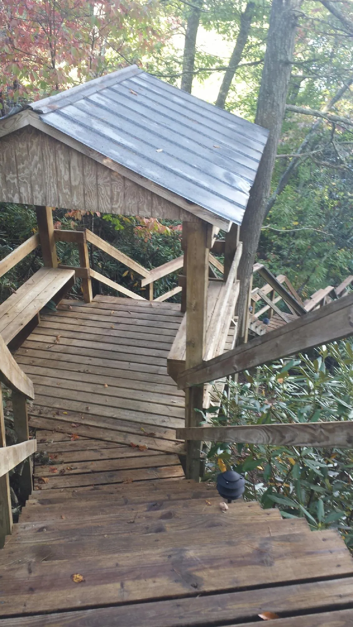 Metal roofed shelter over wooden steps on a wooded walkway — Skylight Repair & Installation work by our crew in Scappoose
